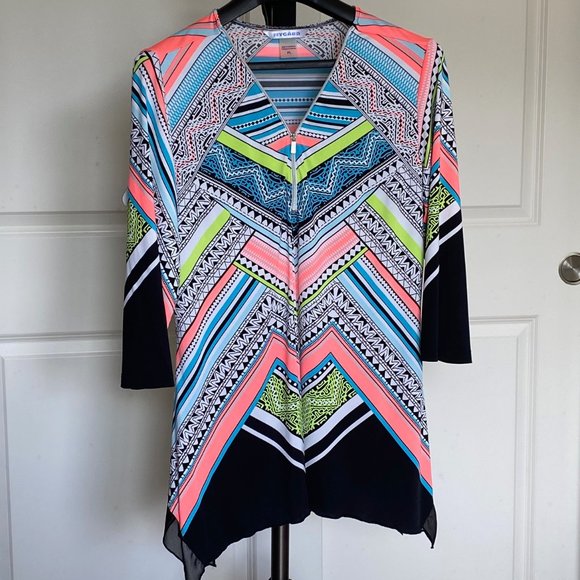 Nygard Tops - Nygard Tunic with Very Bright Neon Orange, Turquoise and Yellow